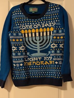 Blue Hanukkah Menorah Ugly Sweater - "Come On Baby Light My Menorah"